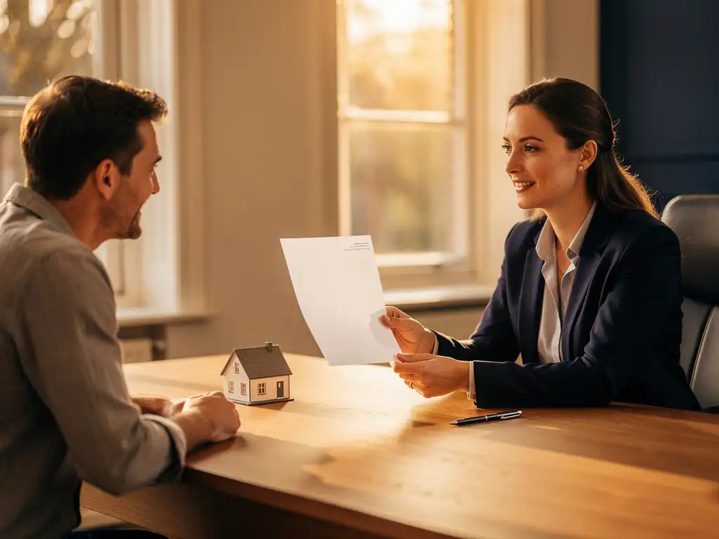 Makelaar overhandigt woningwaardering aan koper aan eikenhouten bureau met miniatuurhuisje, in professioneel Nederlands makelaarskantoor.