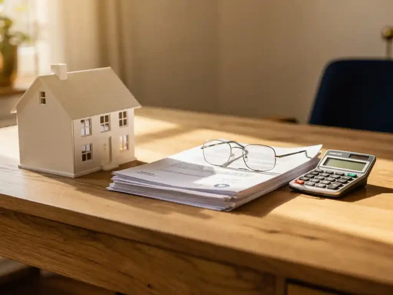Eiken bureau met miniatuur huismodel, officiële documenten, rekenmachine en leesbril in warm verlicht Nederlands thuiskantoor.