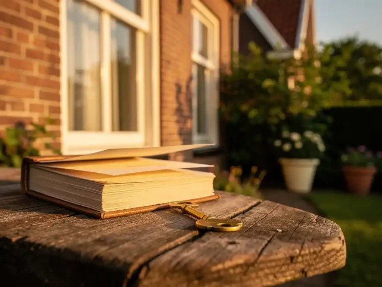 Verweerde houten kalender met messing huissleutel naast Nederlandse woning, groene tuin op achtergrond, warm middaglicht.