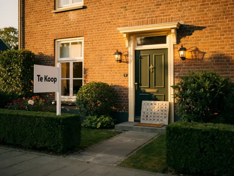 Nederlandstalige gezinswoning met Te Koop-bord in voortuin, bakstenen gevel in gouden uurtje licht, omgeven door groene hagen.
