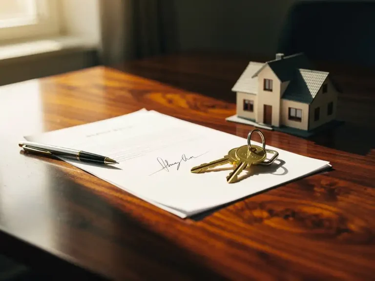 Getekend koopcontract woning op houten tafel met messing sleutels en miniatuur huis, warm middaglicht.
