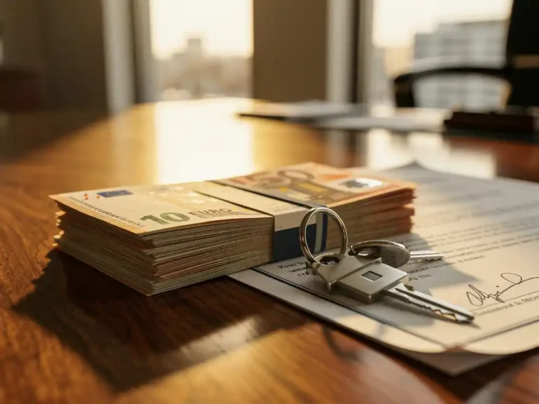 Stapel eurobiljetten en huissleutels op een notarisbureau van eiken hout, met een ondertekende koopakte eronder.
