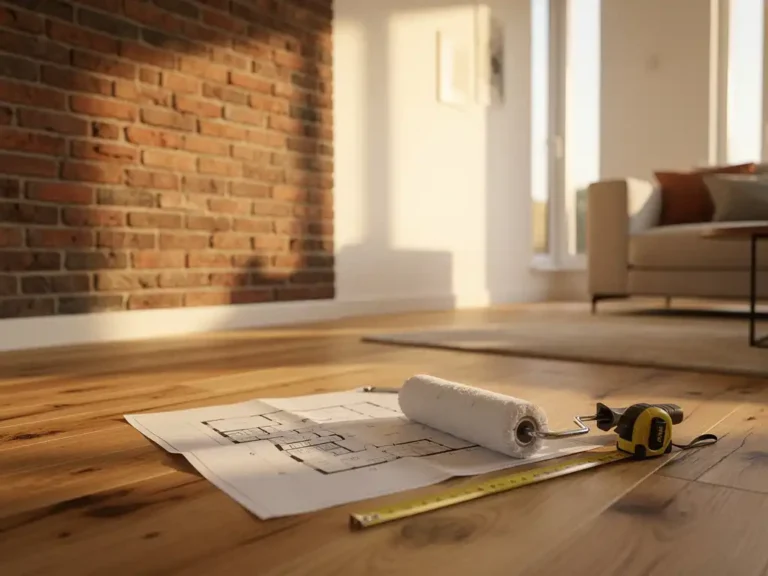 Gerenoveerde Nederlandse woonkamer met bakstenen muur, wit pleisterwerk, bouwtekening en verfroller op houten vloer in middaglicht.