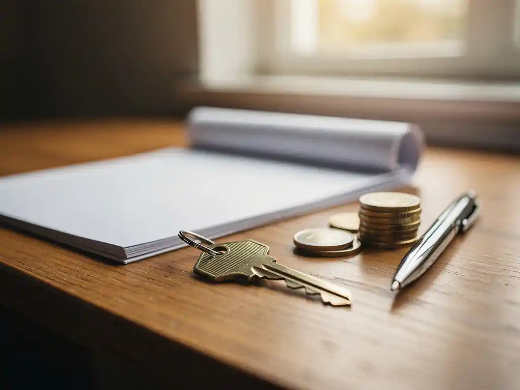 Huissleutel op houten bureau naast gevouwen koopcontract, stapeltje euromunten en een pen, warm natuurlijk licht.