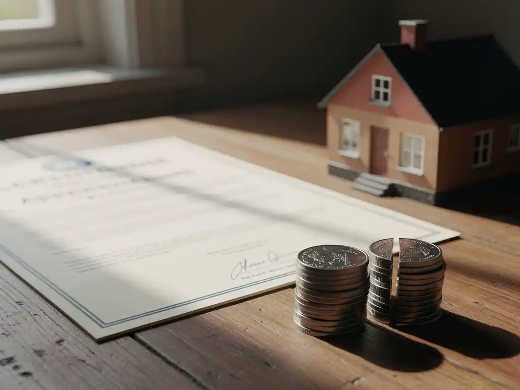 Gecertificeerd taxatierapport op houten bureau naast miniatuurhuis en munten met financieel tekort, warm natuurlijk licht.