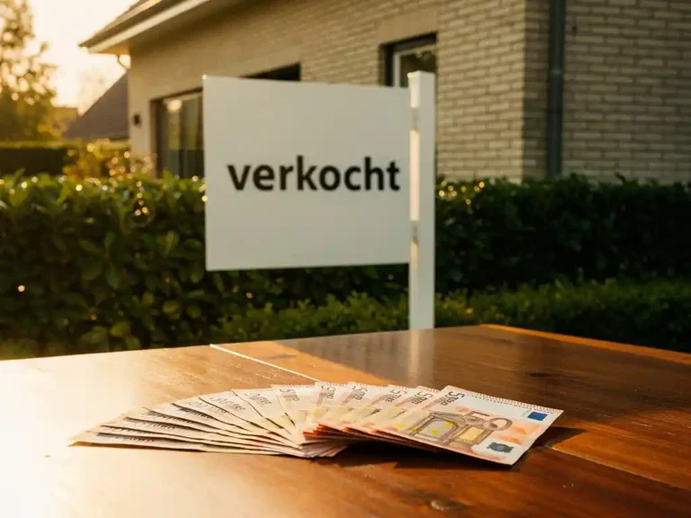 Verkocht woonhuis met euro biljetten op houten tafel op de voorgrond, warme middagzon verlicht bakstenen gevel en groene hagen.