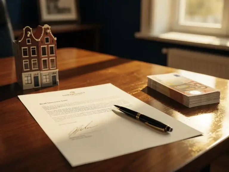 Ondertekend koopcontract op eikenhouten bureau naast miniatuur Hollands grachtenpand en eurobiljetten in warm kantoorlicht.