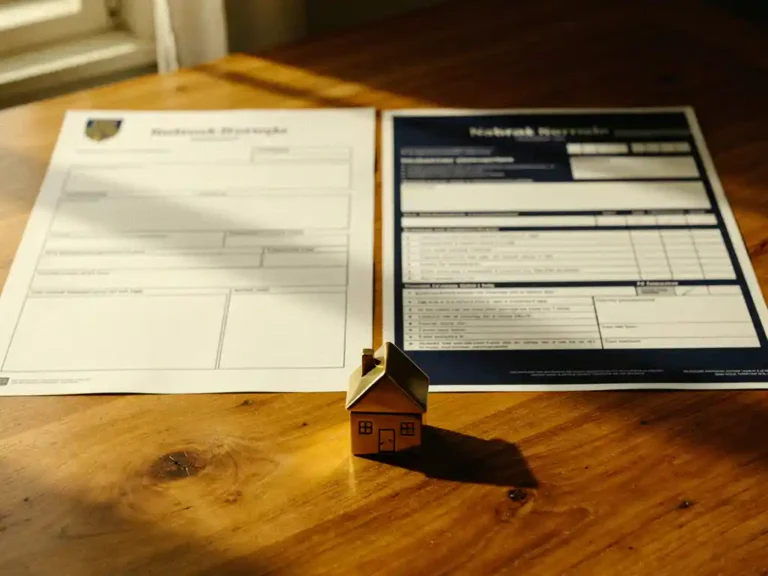 Koopakte en belastingaangifte op een eikenhouten notarisbureau met een messing huisbeeldje in zacht middagslicht.
