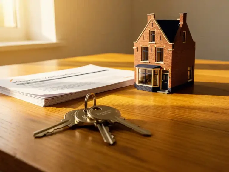 Glanzende huissleutels op een houten bureau naast een woningwaardering document en schaalmodel van een Nederlandse woning, warm middaglicht.